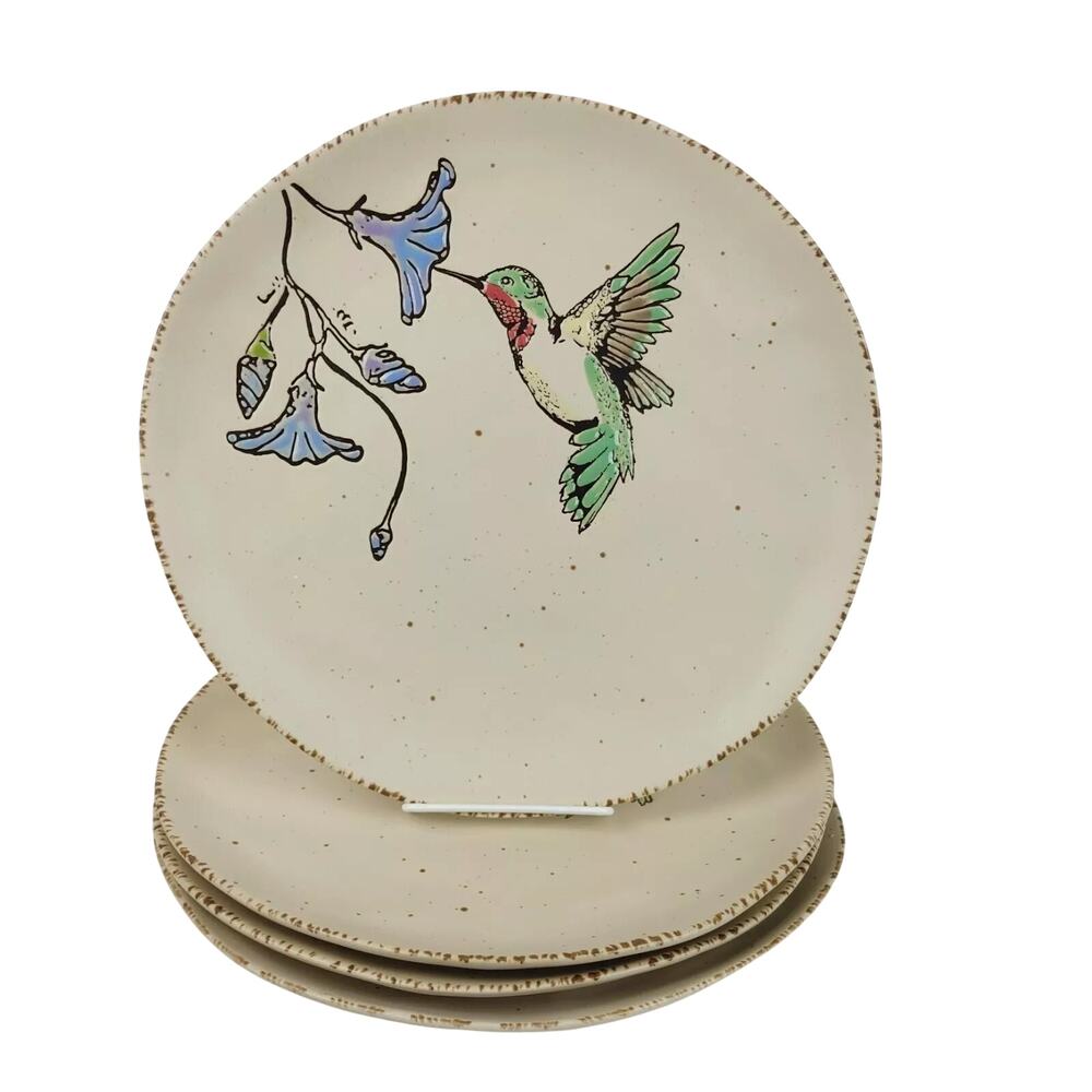 InHomestylez Embossed Ruby Hummingbird Purple Petunia Dinner Plates Set of 4 New